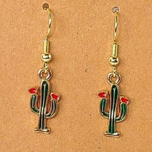 New Hand Crafted Cute Flowering Cactus Hook Earrings 14K Gold Plated